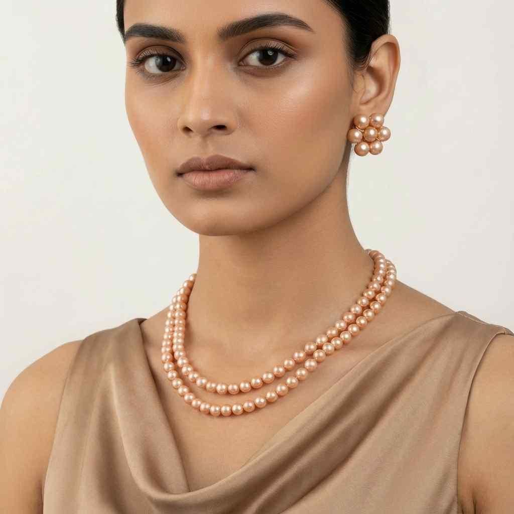 Multilayer Golden Brown Pearl Set With Earrings (Pack of 1)